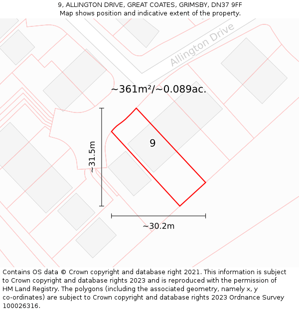 9, ALLINGTON DRIVE, GREAT COATES, GRIMSBY, DN37 9FF: Plot and title map