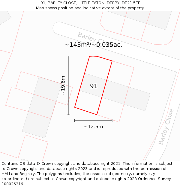 91, BARLEY CLOSE, LITTLE EATON, DERBY, DE21 5EE: Plot and title map