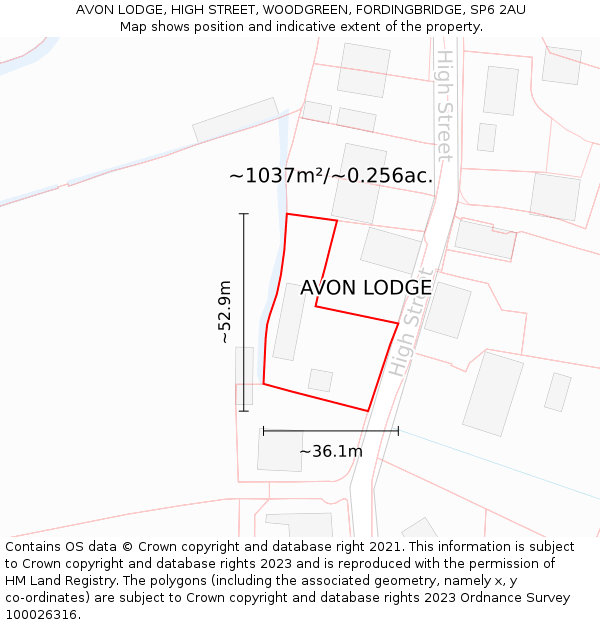 AVON LODGE, HIGH STREET, WOODGREEN, FORDINGBRIDGE, SP6 2AU: Plot and title map