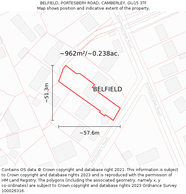 BELFIELD, PORTESBERY ROAD, CAMBERLEY, GU15 3TF: Plot and title map