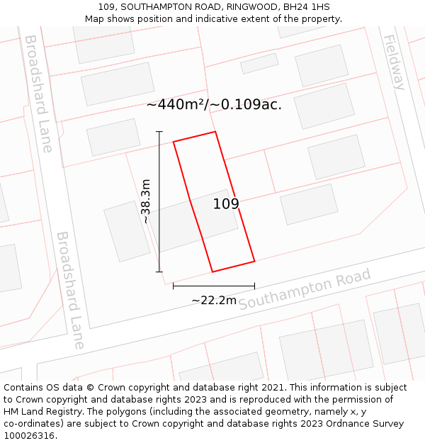 109, SOUTHAMPTON ROAD, RINGWOOD, BH24 1HS: Plot and title map