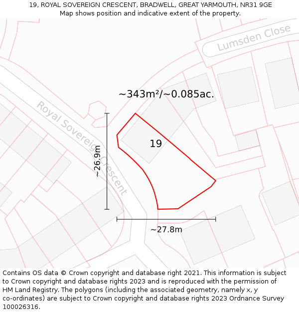 19, ROYAL SOVEREIGN CRESCENT, BRADWELL, GREAT YARMOUTH, NR31 9GE: Plot and title map