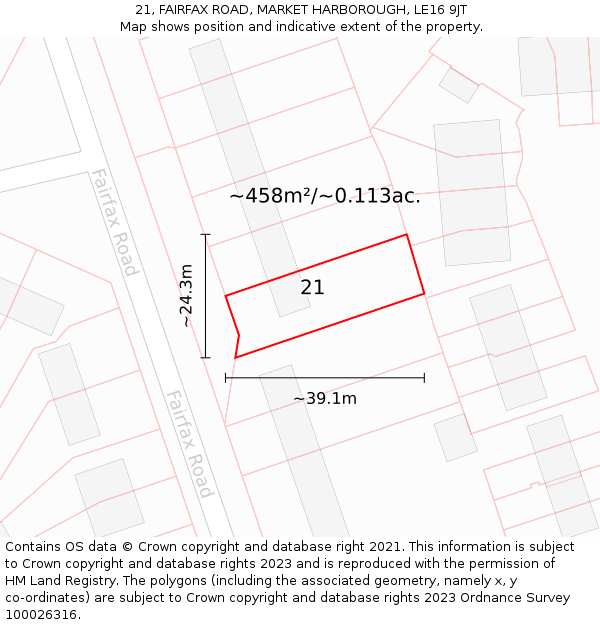 21, FAIRFAX ROAD, MARKET HARBOROUGH, LE16 9JT: Plot and title map