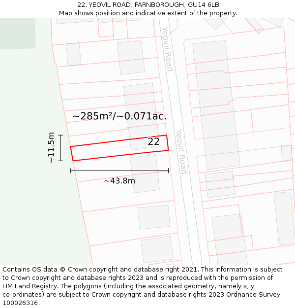 22, YEOVIL ROAD, FARNBOROUGH, GU14 6LB: Plot and title map