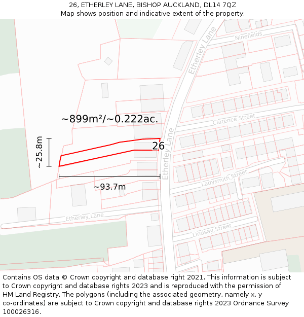 26, ETHERLEY LANE, BISHOP AUCKLAND, DL14 7QZ: Plot and title map