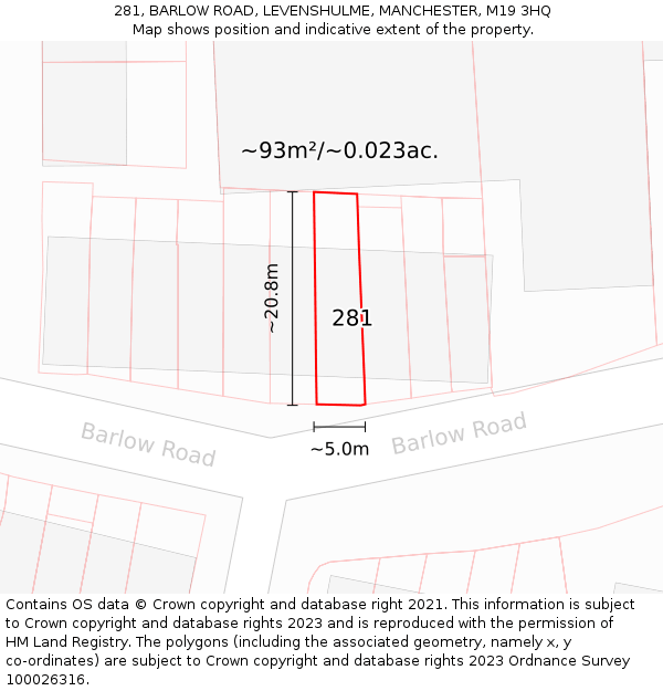 281, BARLOW ROAD, LEVENSHULME, MANCHESTER, M19 3HQ: Plot and title map