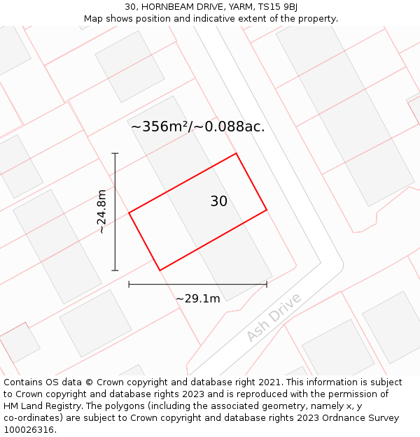 30, HORNBEAM DRIVE, YARM, TS15 9BJ: Plot and title map
