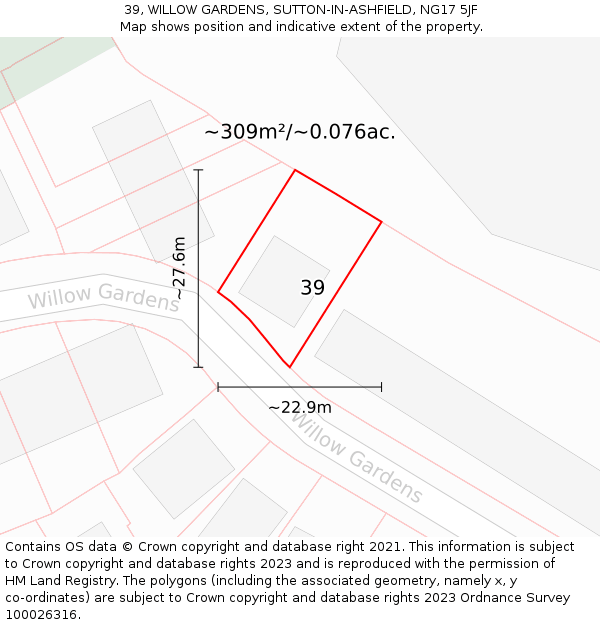39, WILLOW GARDENS, SUTTON-IN-ASHFIELD, NG17 5JF: Plot and title map