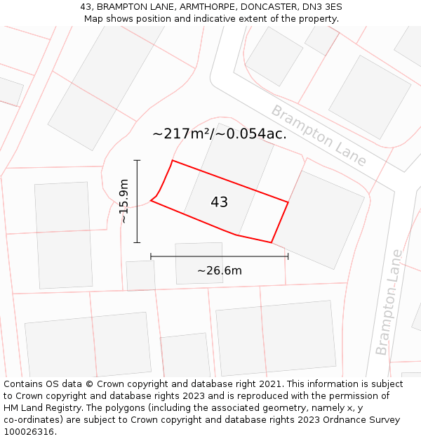 43, BRAMPTON LANE, ARMTHORPE, DONCASTER, DN3 3ES: Plot and title map
