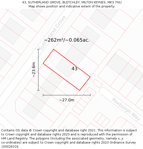 43, SUTHERLAND GROVE, BLETCHLEY, MILTON KEYNES, MK3 7NU: Plot and title map