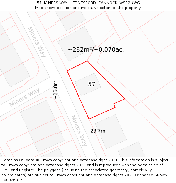 57, MINERS WAY, HEDNESFORD, CANNOCK, WS12 4WG: Plot and title map
