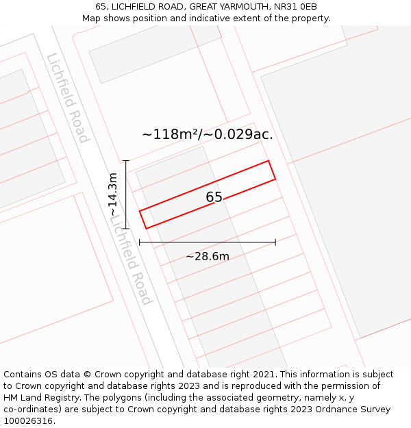 65, LICHFIELD ROAD, GREAT YARMOUTH, NR31 0EB: Plot and title map