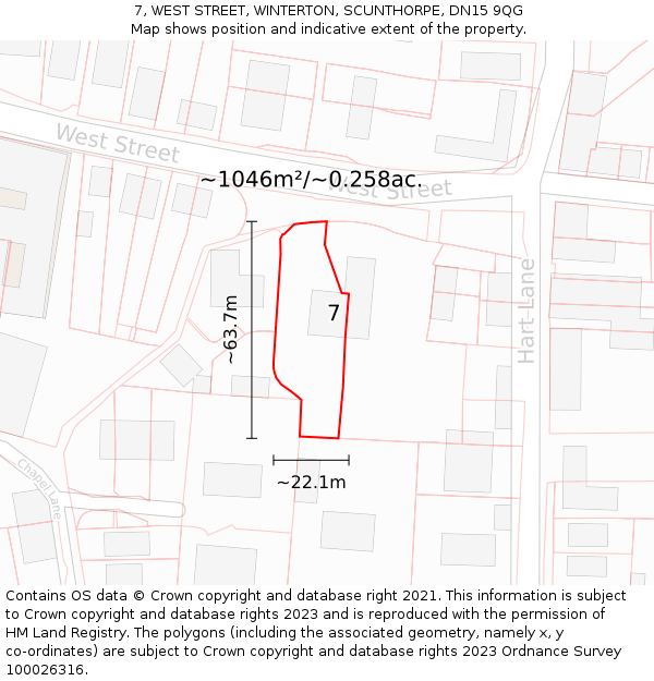 7, WEST STREET, WINTERTON, SCUNTHORPE, DN15 9QG: Plot and title map