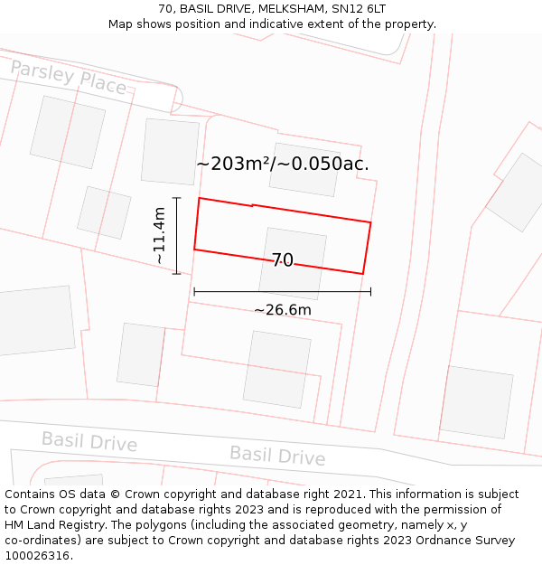70, BASIL DRIVE, MELKSHAM, SN12 6LT: Plot and title map
