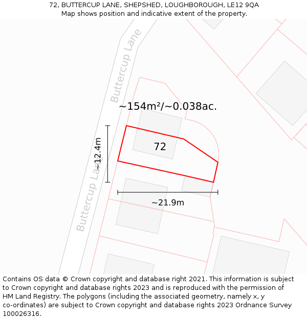 72, BUTTERCUP LANE, SHEPSHED, LOUGHBOROUGH, LE12 9QA: Plot and title map