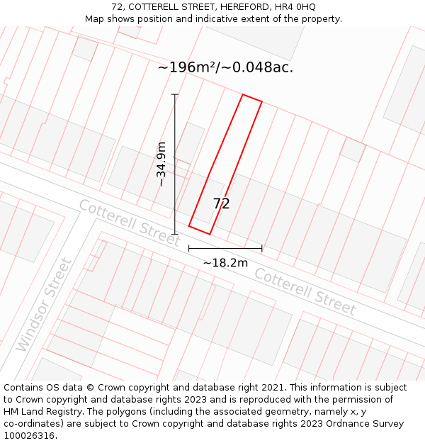 72, COTTERELL STREET, HEREFORD, HR4 0HQ: Plot and title map