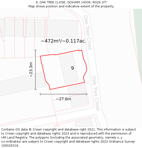 9, OAK TREE CLOSE, ODIHAM, HOOK, RG29 1FT: Plot and title map