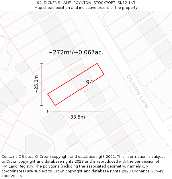 94, DICKENS LANE, POYNTON, STOCKPORT, SK12 1NT: Plot and title map