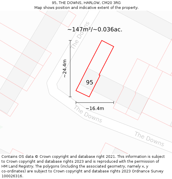 95, THE DOWNS, HARLOW, CM20 3RG: Plot and title map
