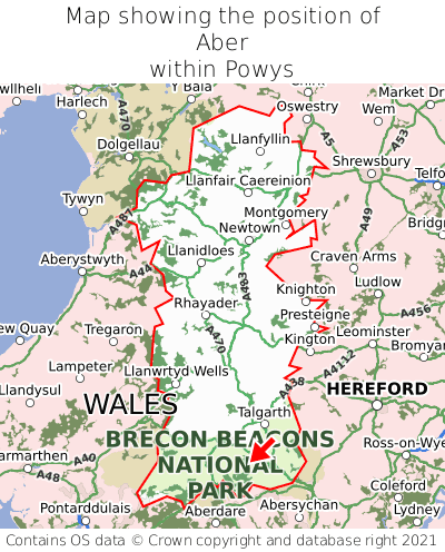 Map showing location of Aber within Powys