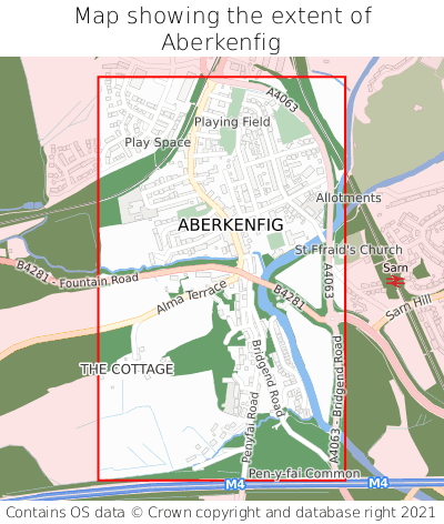 Map showing extent of Aberkenfig as bounding box