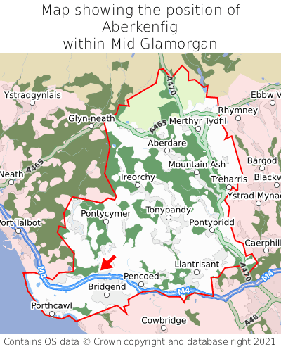 Map showing location of Aberkenfig within Mid Glamorgan