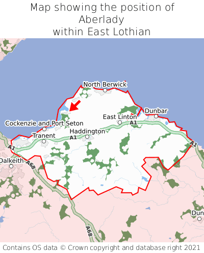 Map showing location of Aberlady within East Lothian