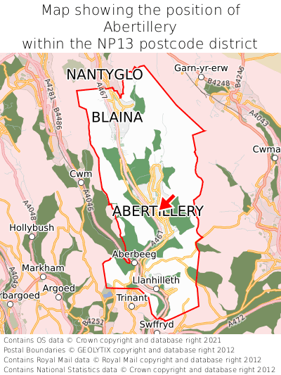 Map showing location of Abertillery within NP13