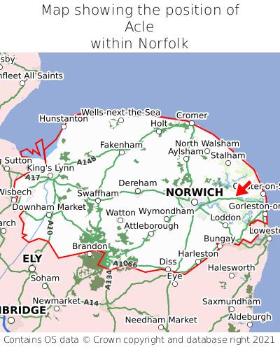 Map showing location of Acle within Norfolk