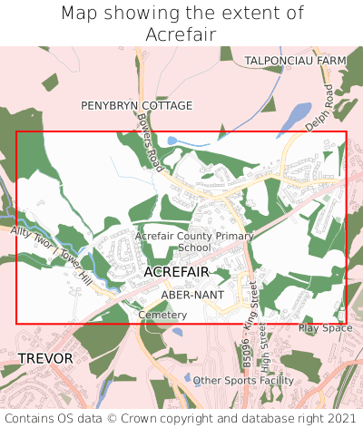 Map showing extent of Acrefair as bounding box