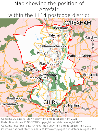 Map showing location of Acrefair within LL14