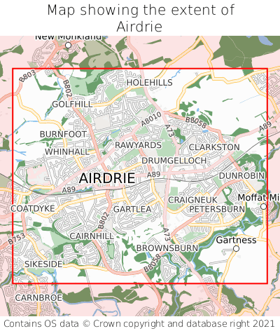 Map showing extent of Airdrie as bounding box
