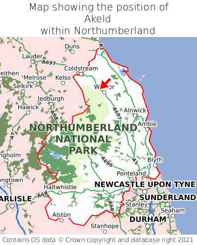 Map showing location of Akeld within Northumberland