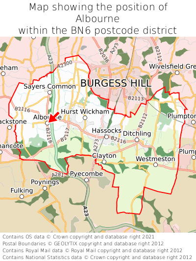 Map showing location of Albourne within BN6