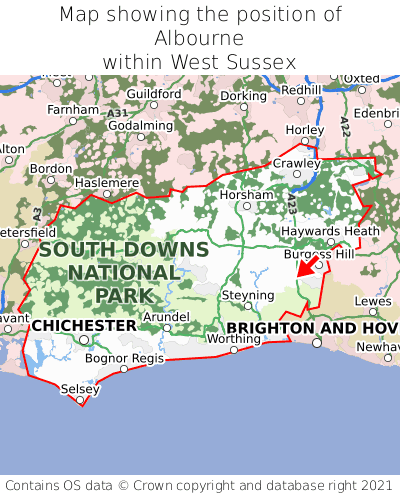 Map showing location of Albourne within West Sussex