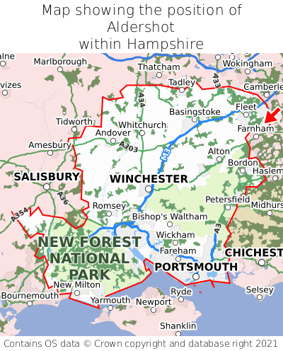 Map showing location of Aldershot within Hampshire