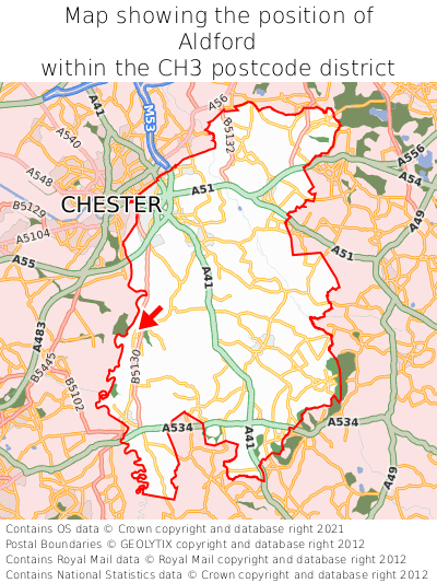 Map showing location of Aldford within CH3