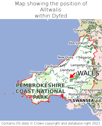 Map showing location of Alltwalis within Dyfed