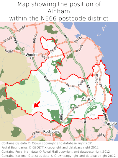 Map showing location of Alnham within NE66