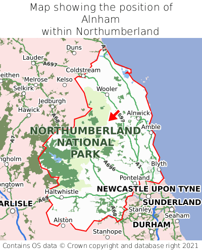 Map showing location of Alnham within Northumberland