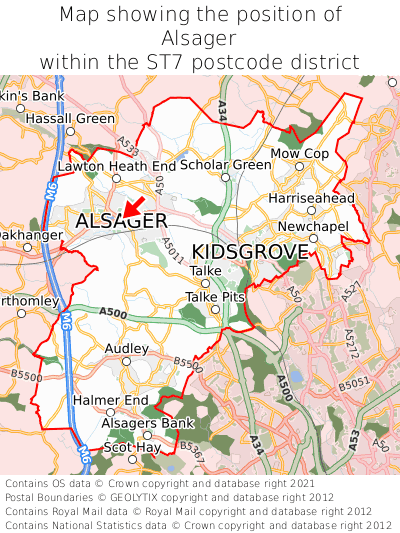 Map showing location of Alsager within ST7