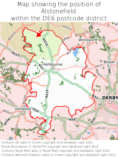 Map showing location of Alstonefield within DE6