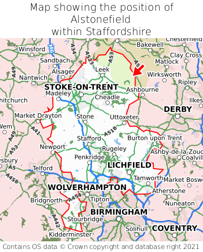 Map showing location of Alstonefield within Staffordshire