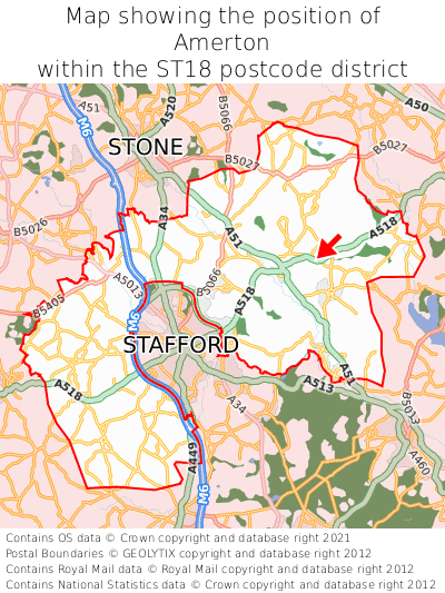 Map showing location of Amerton within ST18