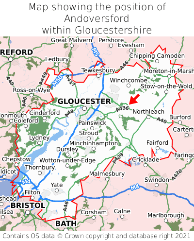 Map showing location of Andoversford within Gloucestershire