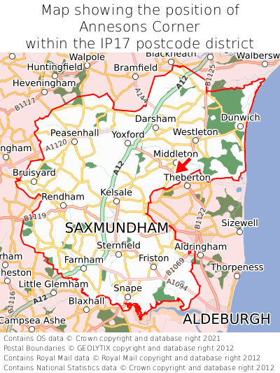 Map showing location of Annesons Corner within IP17