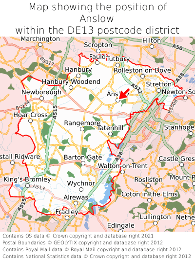 Map showing location of Anslow within DE13