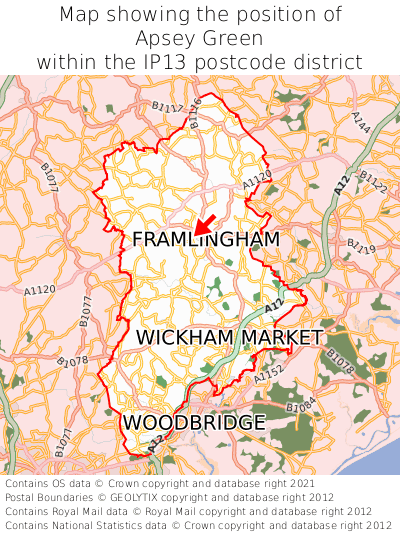 Map showing location of Apsey Green within IP13