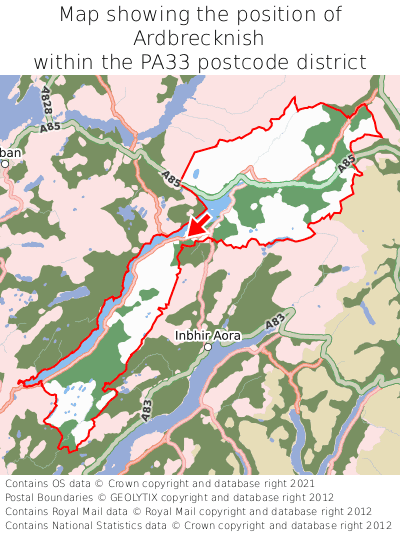 Map showing location of Ardbrecknish within PA33