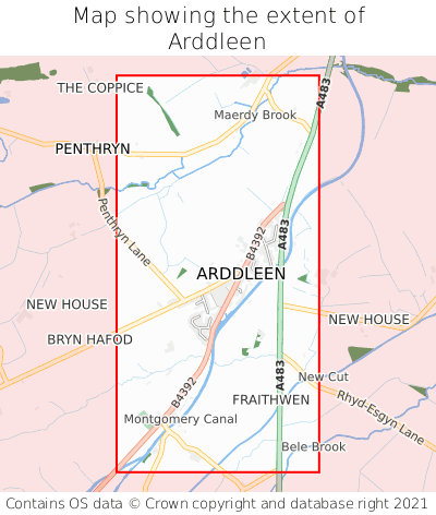 Map showing extent of Arddleen as bounding box